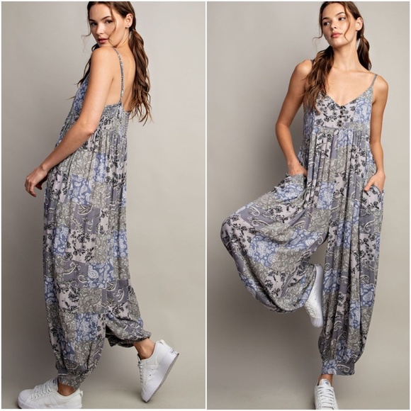 080 Boho Blue Paisley Print Pockets Jumpsuit - Picture 8 of 10